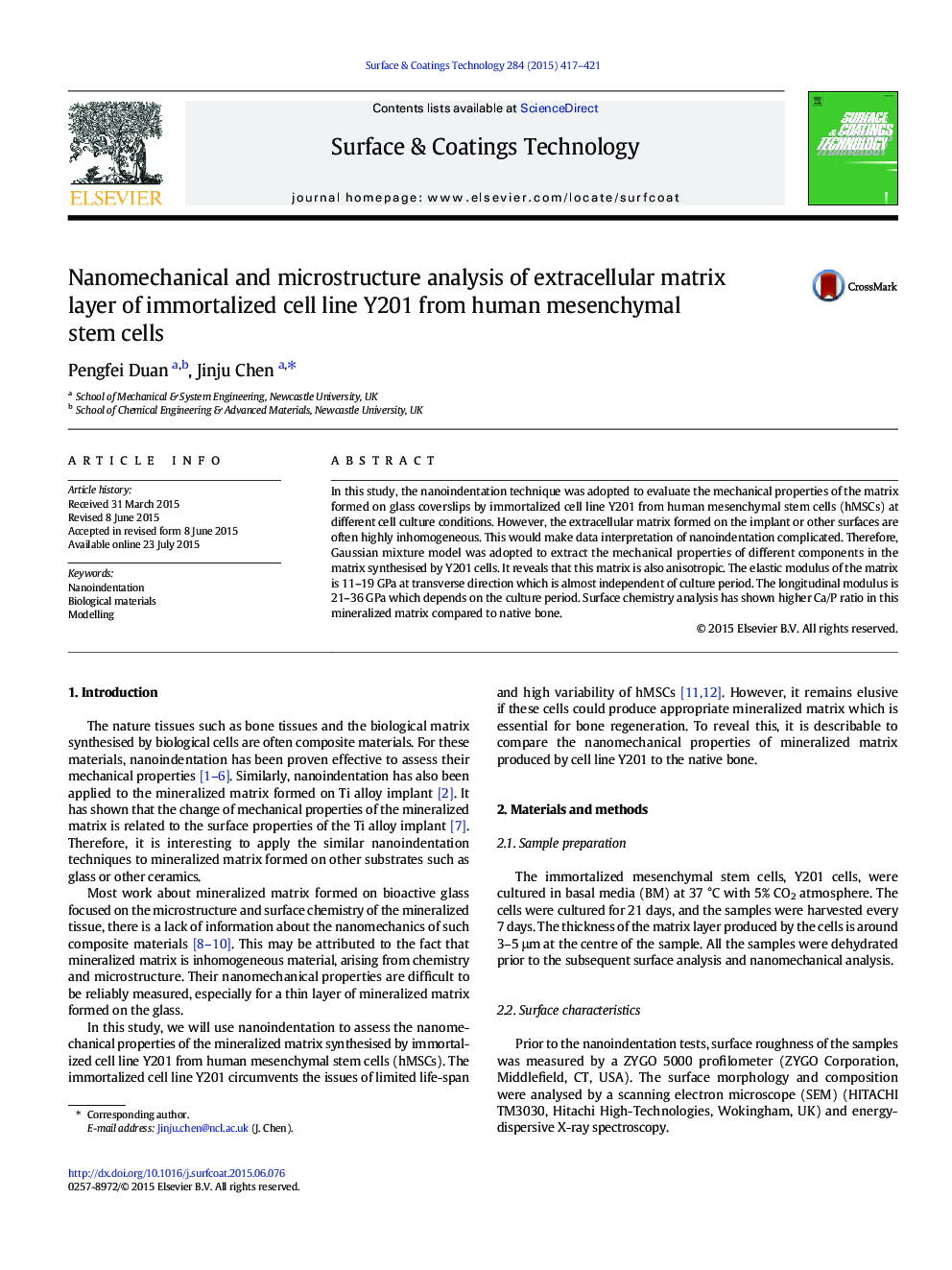 Nanomechanical and microstructure analysis of extracellular matrix layer of immortalized cell line Y201 from human mesenchymal stem cells