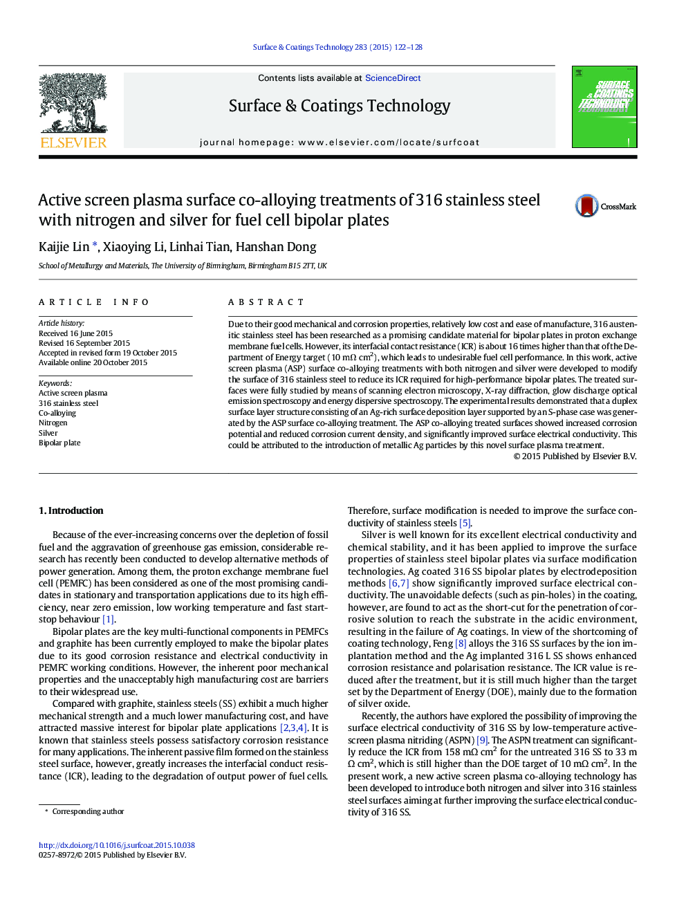 Active screen plasma surface co-alloying treatments of 316 stainless steel with nitrogen and silver for fuel cell bipolar plates