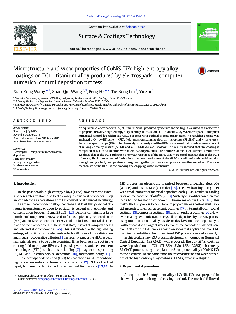 Microstructure and wear properties of CuNiSiTiZr high-entropy alloy coatings on TC11 titanium alloy produced by electrospark - computer numerical control deposition process