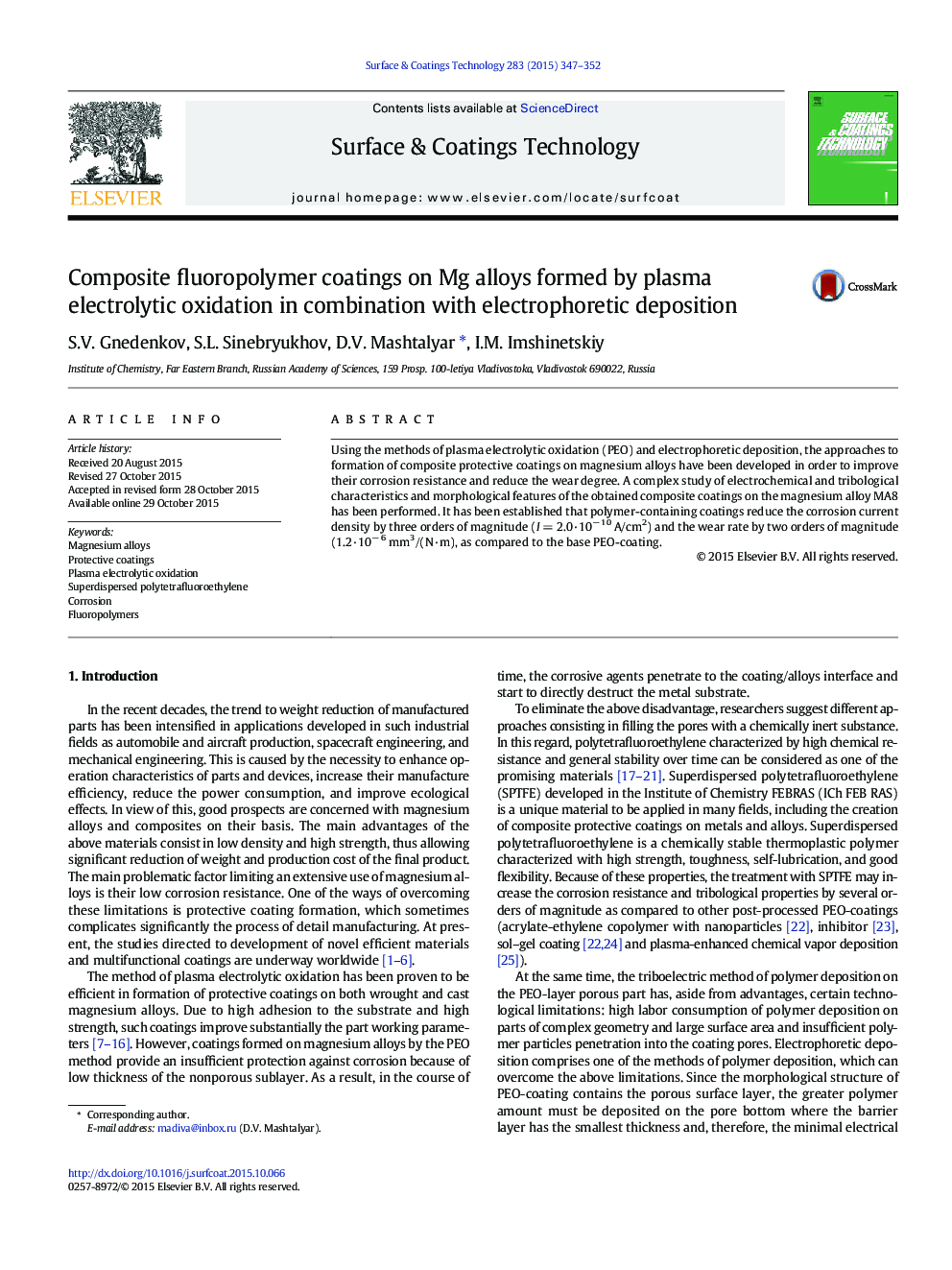 Composite fluoropolymer coatings on Mg alloys formed by plasma electrolytic oxidation in combination with electrophoretic deposition