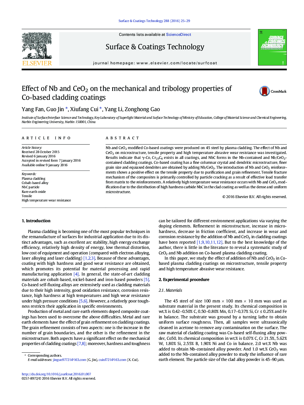 Effect of Nb and CeO2 on the mechanical and tribology properties of Co-based cladding coatings