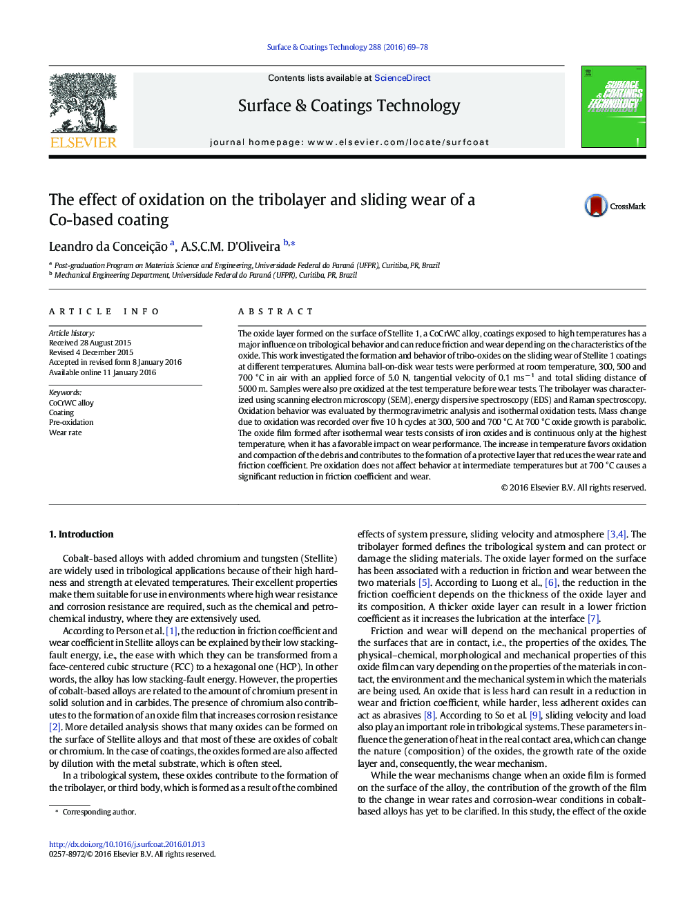 The effect of oxidation on the tribolayer and sliding wear of a Co-based coating