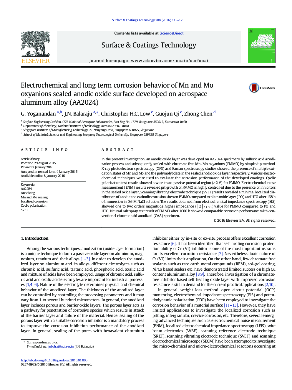 Electrochemical and long term corrosion behavior of Mn and Mo oxyanions sealed anodic oxide surface developed on aerospace aluminum alloy (AA2024)