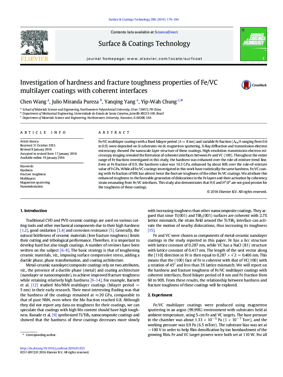 Investigation of hardness and fracture toughness properties of Fe/VC multilayer coatings with coherent interfaces