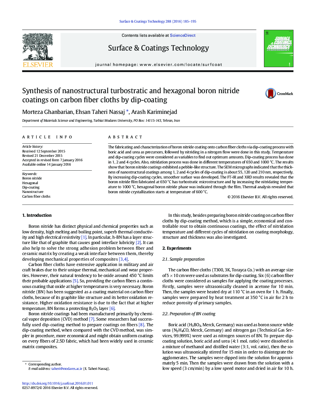 Synthesis of nanostructural turbostratic and hexagonal boron nitride coatings on carbon fiber cloths by dip-coating