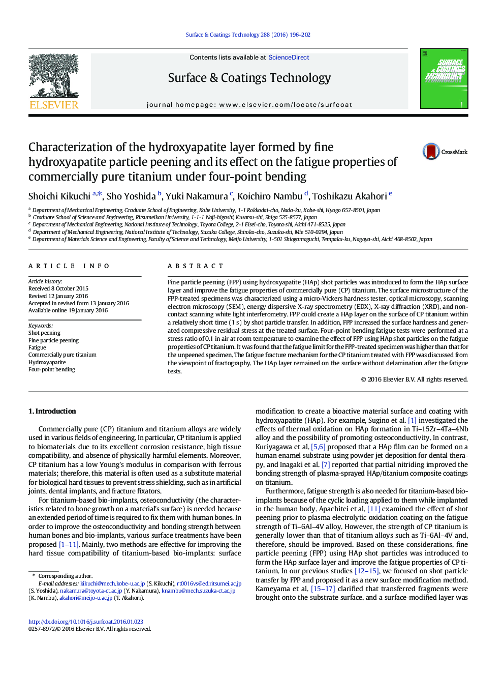 Characterization of the hydroxyapatite layer formed by fine hydroxyapatite particle peening and its effect on the fatigue properties of commercially pure titanium under four-point bending