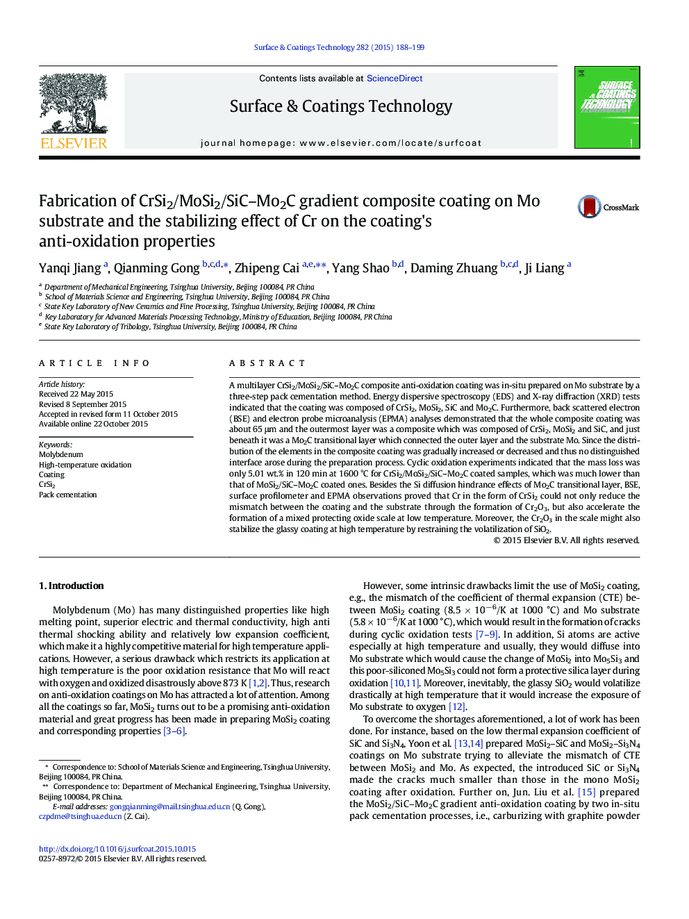 Fabrication of CrSi2/MoSi2/SiC-Mo2C gradient composite coating on Mo substrate and the stabilizing effect of Cr on the coating's anti-oxidation properties