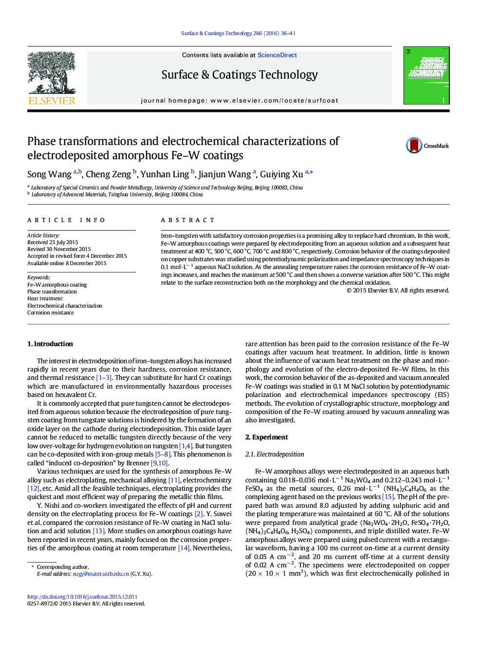 Phase transformations and electrochemical characterizations of electrodeposited amorphous Fe-W coatings