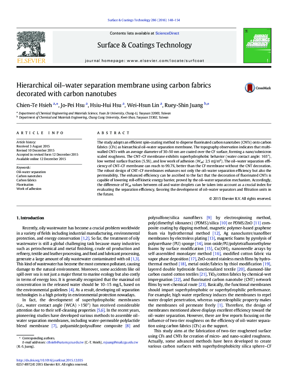 Hierarchical oil-water separation membrane using carbon fabrics decorated with carbon nanotubes