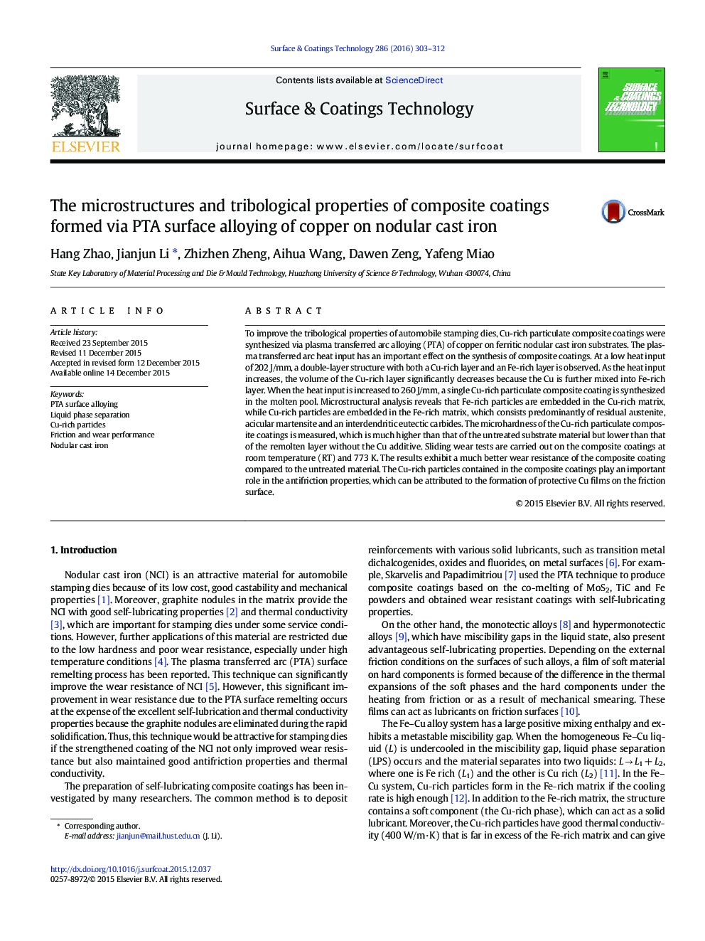 The microstructures and tribological properties of composite coatings formed via PTA surface alloying of copper on nodular cast iron