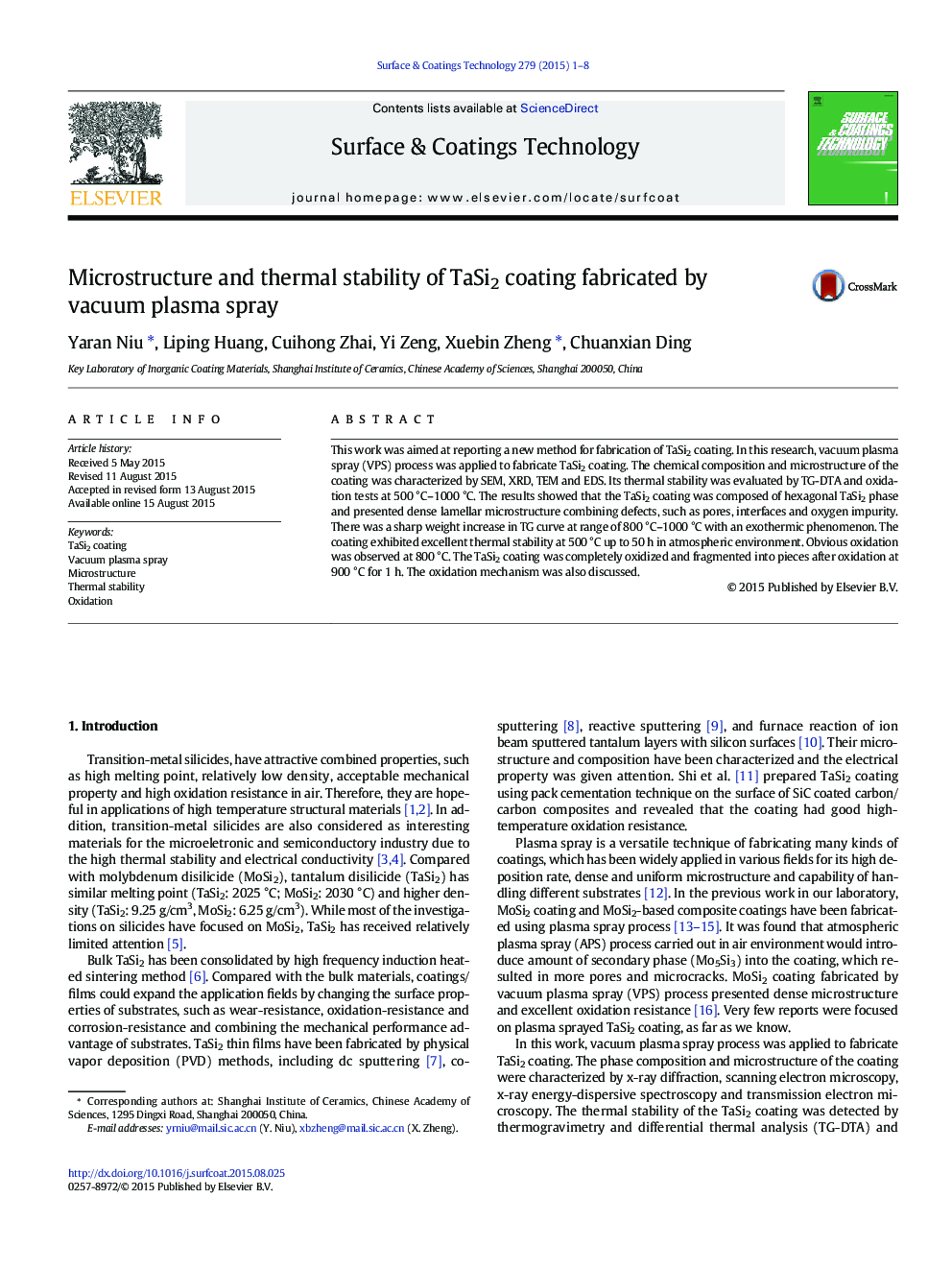 Microstructure and thermal stability of TaSi2 coating fabricated by vacuum plasma spray