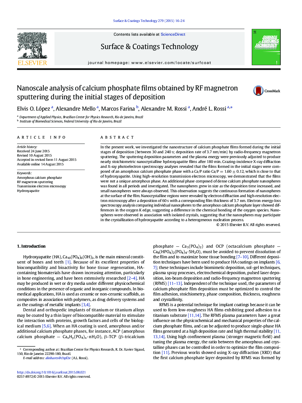 Nanoscale analysis of calcium phosphate films obtained by RF magnetron sputtering during the initial stages of deposition