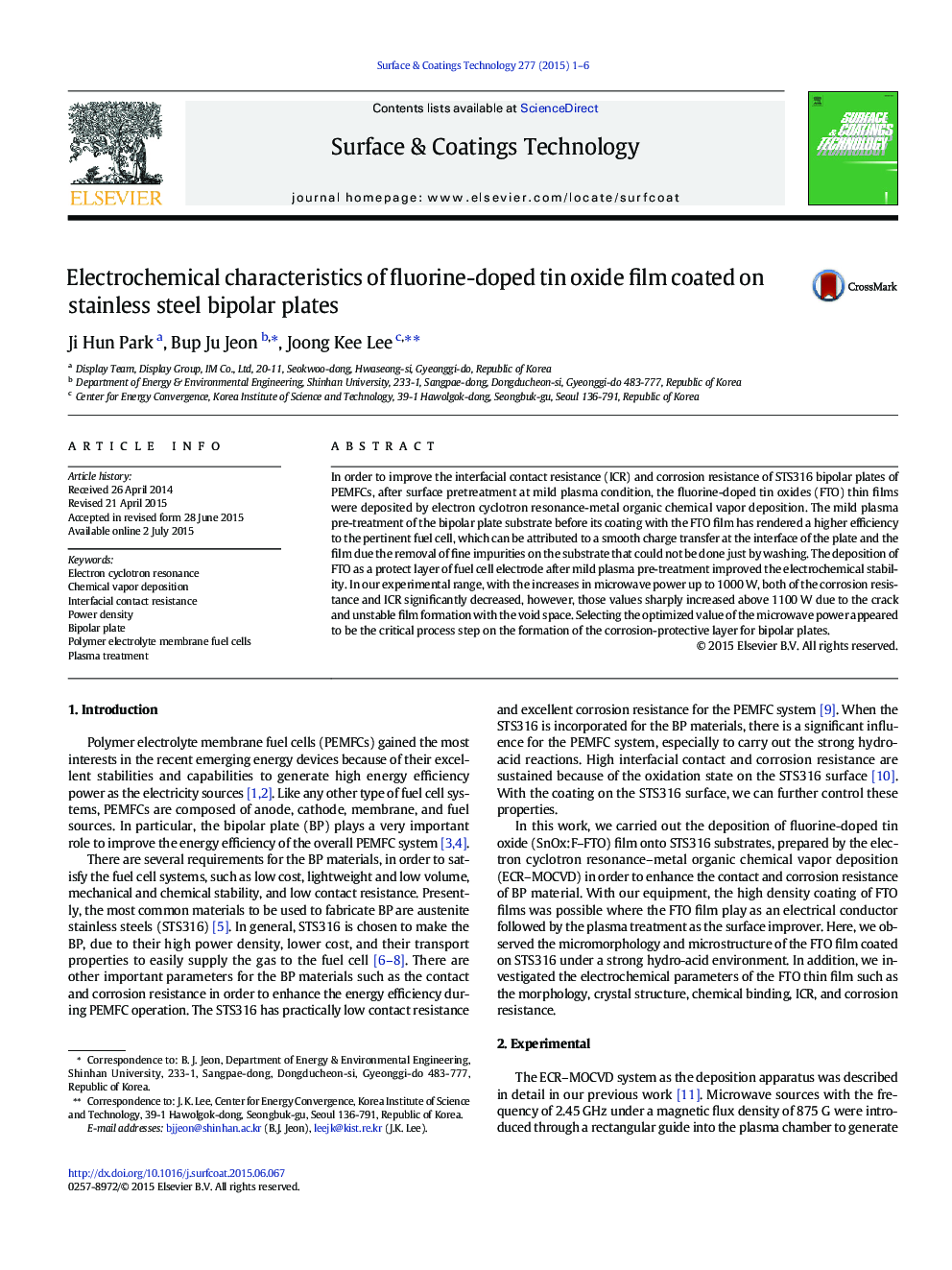 Electrochemical characteristics of fluorine-doped tin oxide film coated on stainless steel bipolar plates