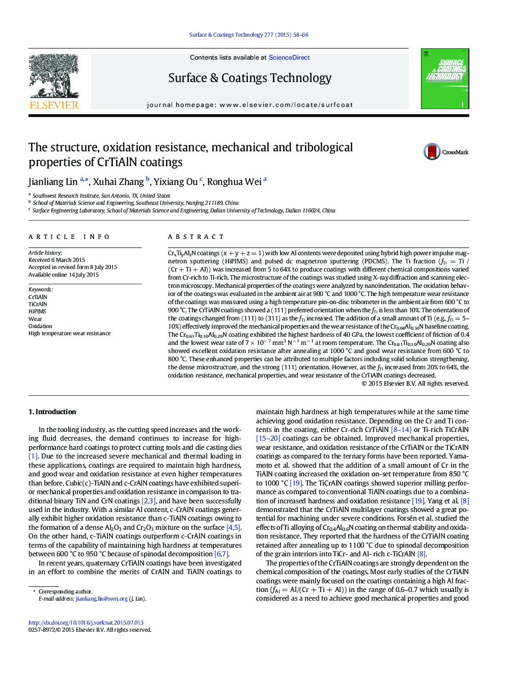 The structure, oxidation resistance, mechanical and tribological properties of CrTiAlN coatings