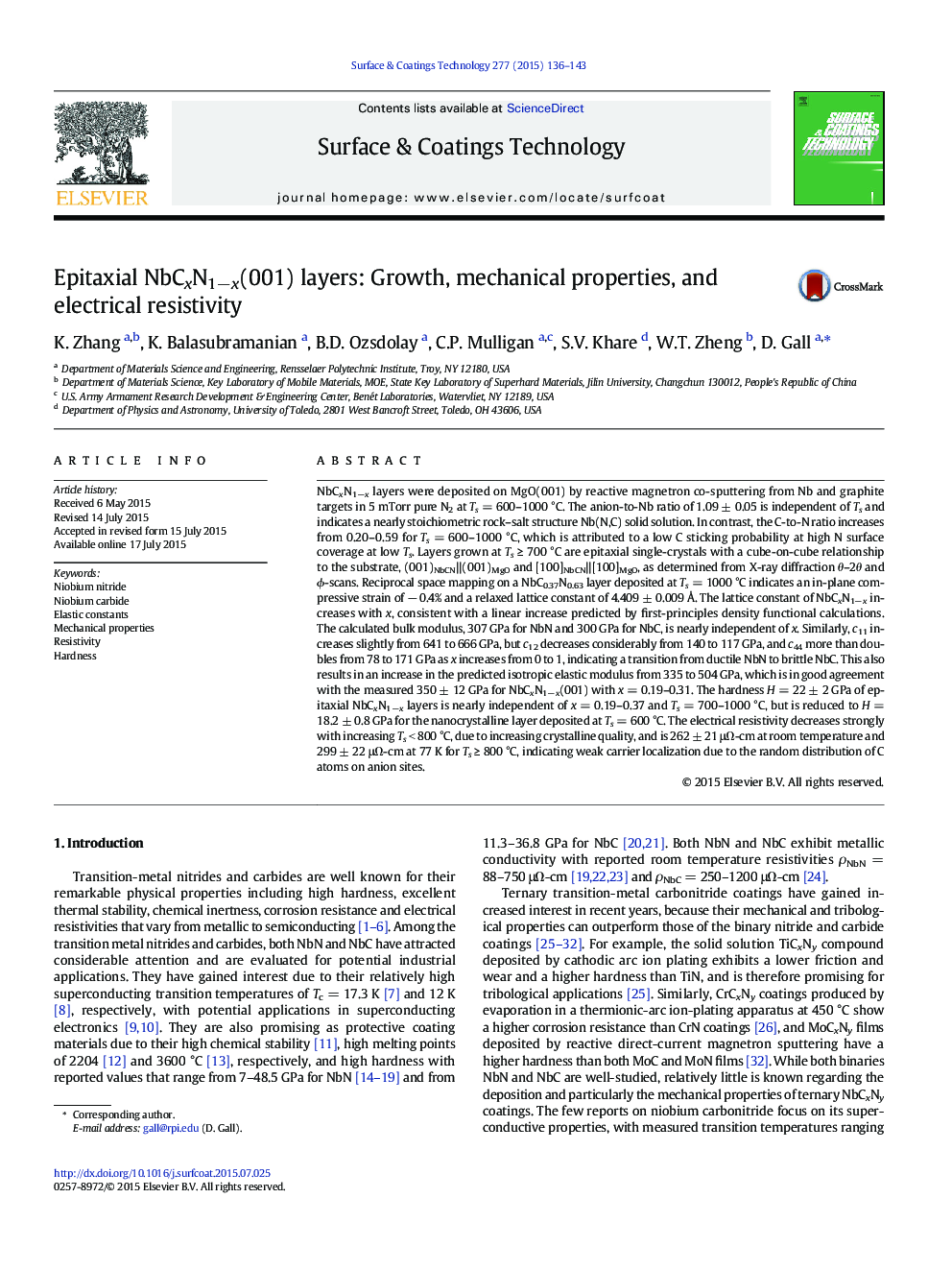 Epitaxial NbCxN1−x(001) layers: Growth, mechanical properties, and electrical resistivity