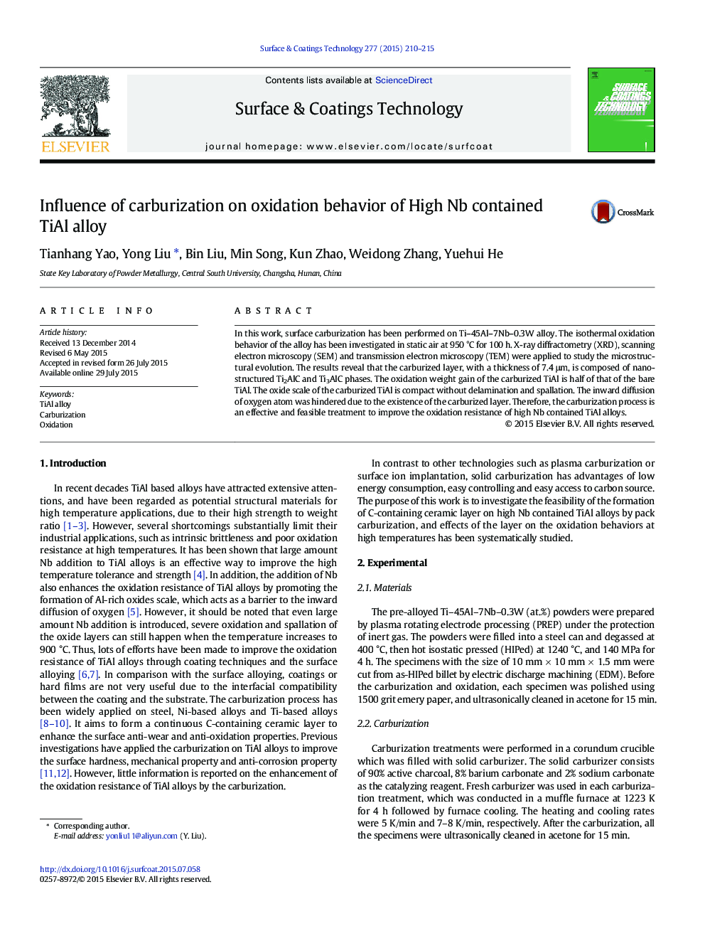 Influence of carburization on oxidation behavior of High Nb contained TiAl alloy
