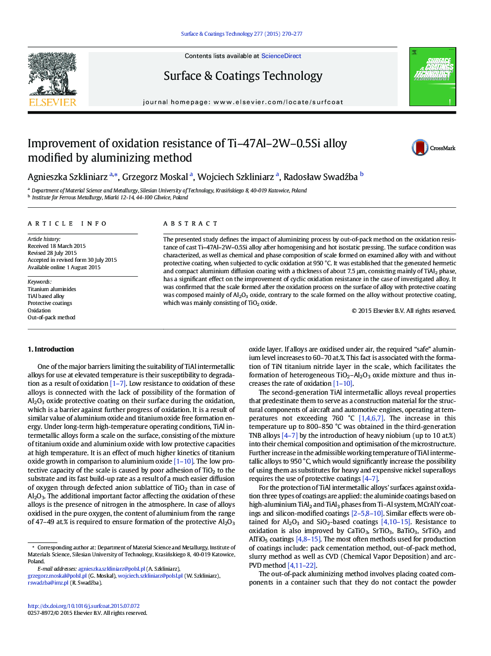 Improvement of oxidation resistance of Ti-47Al-2W-0.5Si alloy modified by aluminizing method