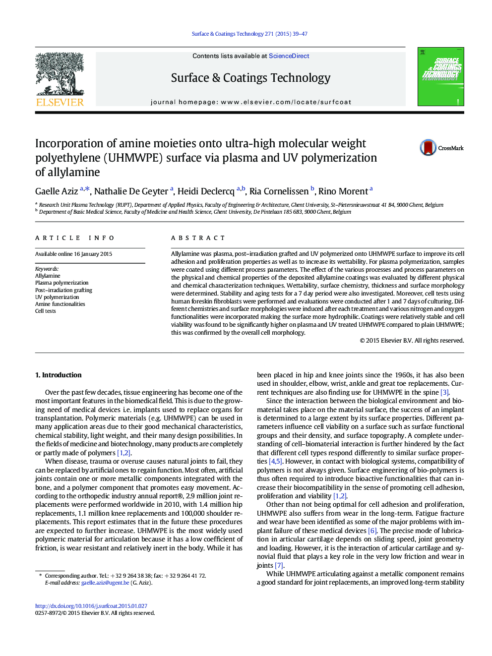 Incorporation of amine moieties onto ultra-high molecular weight polyethylene (UHMWPE) surface via plasma and UV polymerization of allylamine