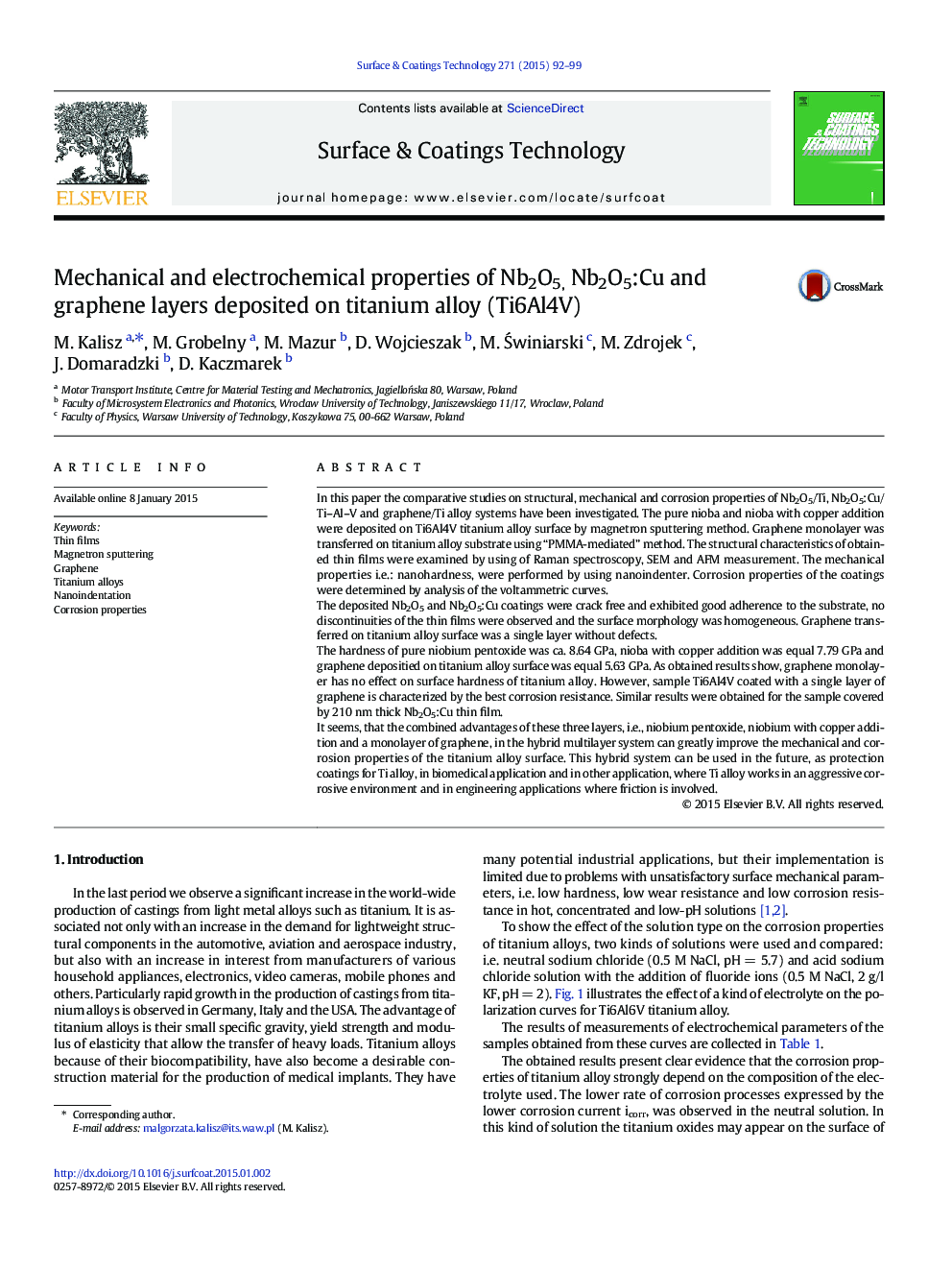 Mechanical and electrochemical properties of Nb2O5, Nb2O5:Cu and graphene layers deposited on titanium alloy (Ti6Al4V)