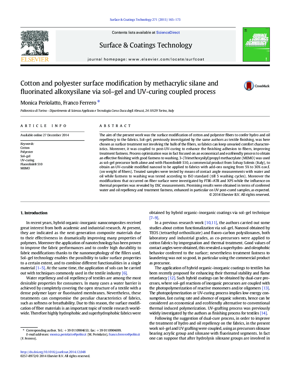 Cotton and polyester surface modification by methacrylic silane and fluorinated alkoxysilane via sol-gel and UV-curing coupled process