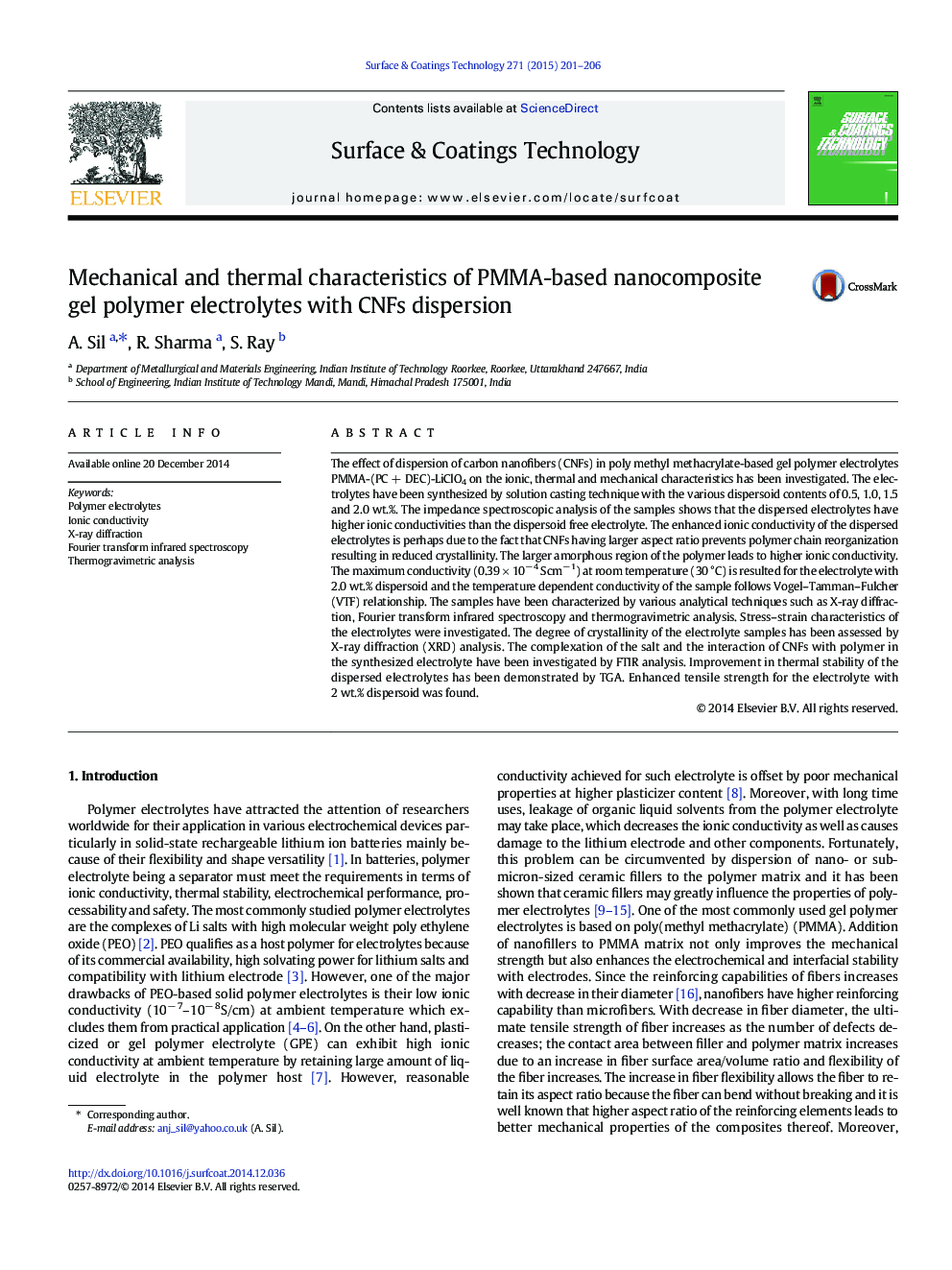 Mechanical and thermal characteristics of PMMA-based nanocomposite gel polymer electrolytes with CNFs dispersion