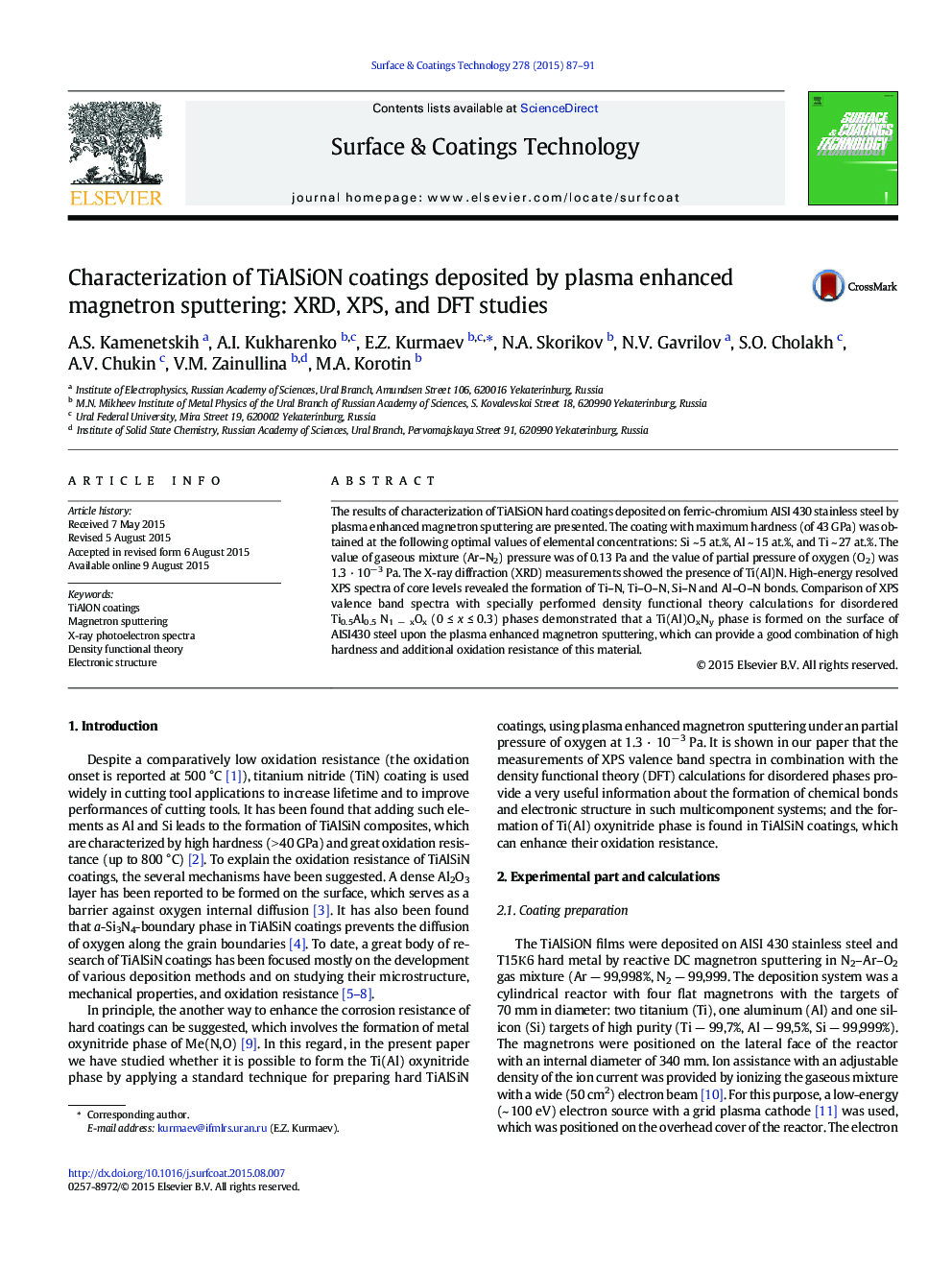 Characterization of TiAlSiON coatings deposited by plasma enhanced magnetron sputtering: XRD, XPS, and DFT studies