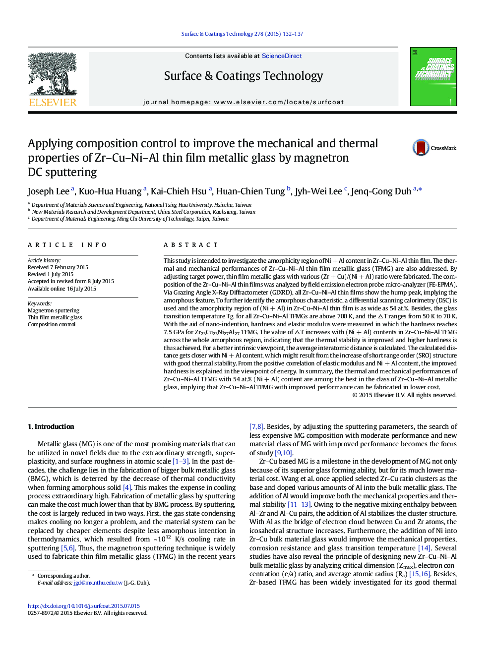 Applying composition control to improve the mechanical and thermal properties of Zr-Cu-Ni-Al thin film metallic glass by magnetron DC sputtering