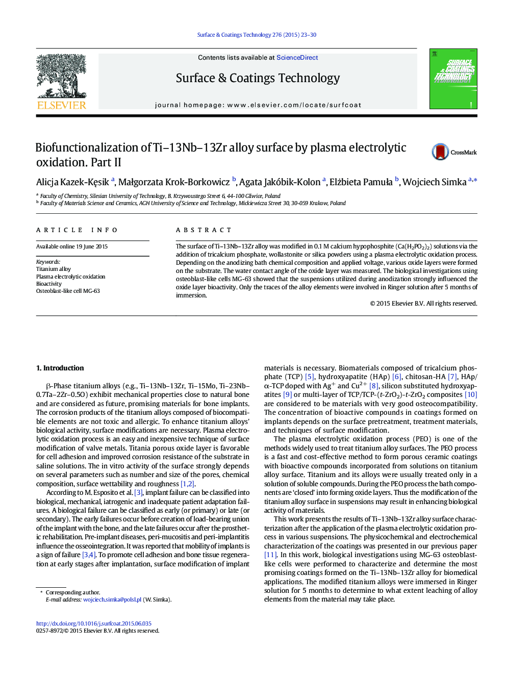 Biofunctionalization of Ti–13Nb–13Zr alloy surface by plasma electrolytic oxidation. Part II