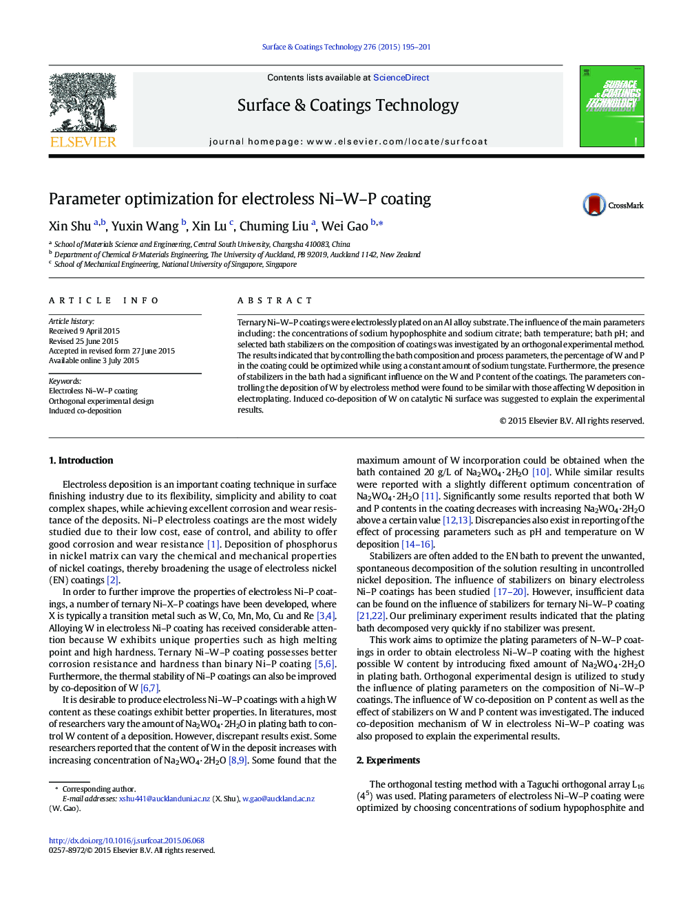 Parameter optimization for electroless Ni–W–P coating