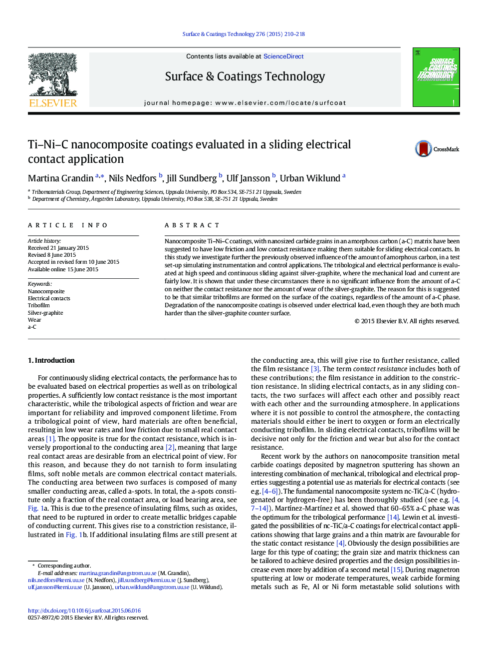 Ti-Ni-C nanocomposite coatings evaluated in a sliding electrical contact application