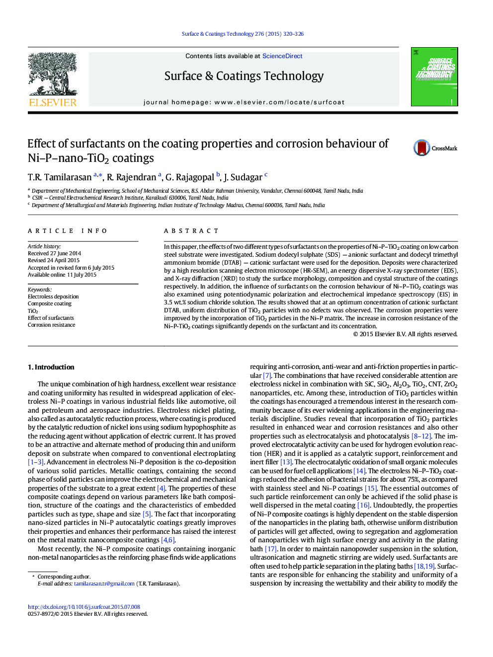 Effect of surfactants on the coating properties and corrosion behaviour of Ni–P–nano-TiO2 coatings