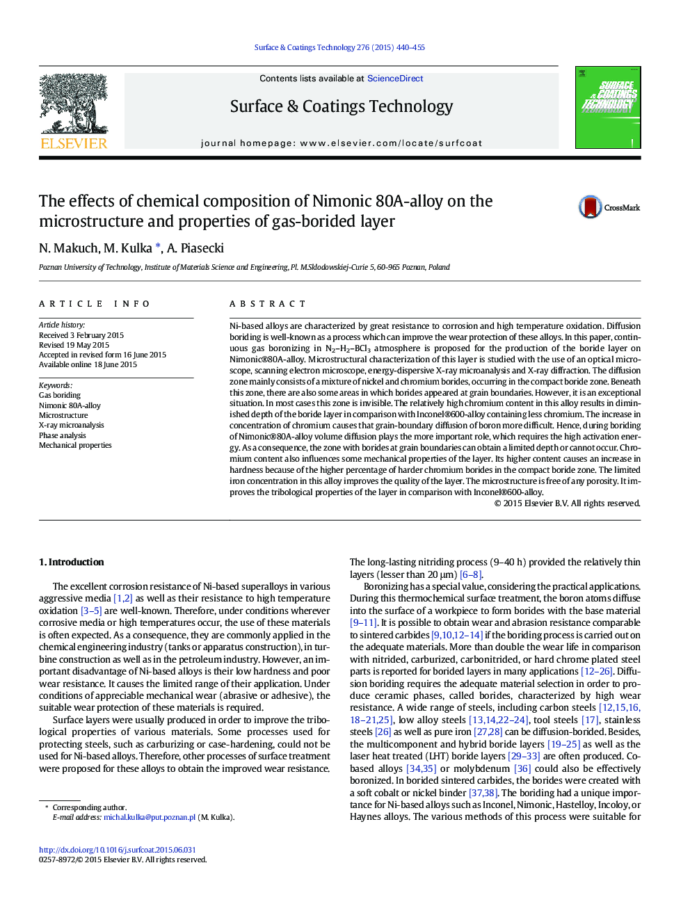 The effects of chemical composition of Nimonic 80A-alloy on the microstructure and properties of gas-borided layer