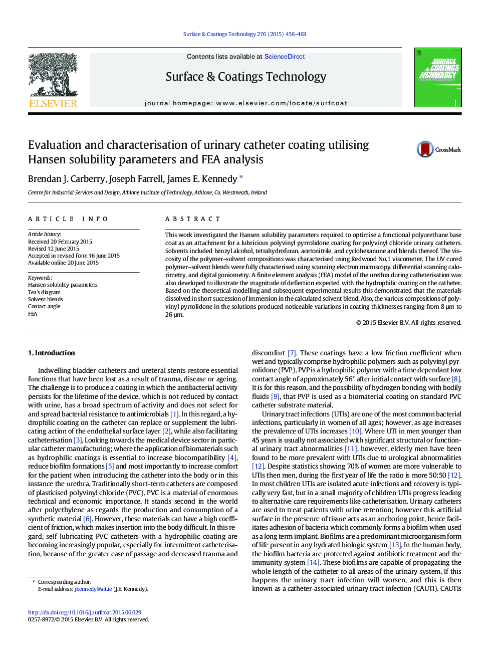 Evaluation and characterisation of urinary catheter coating utilising Hansen solubility parameters and FEA analysis