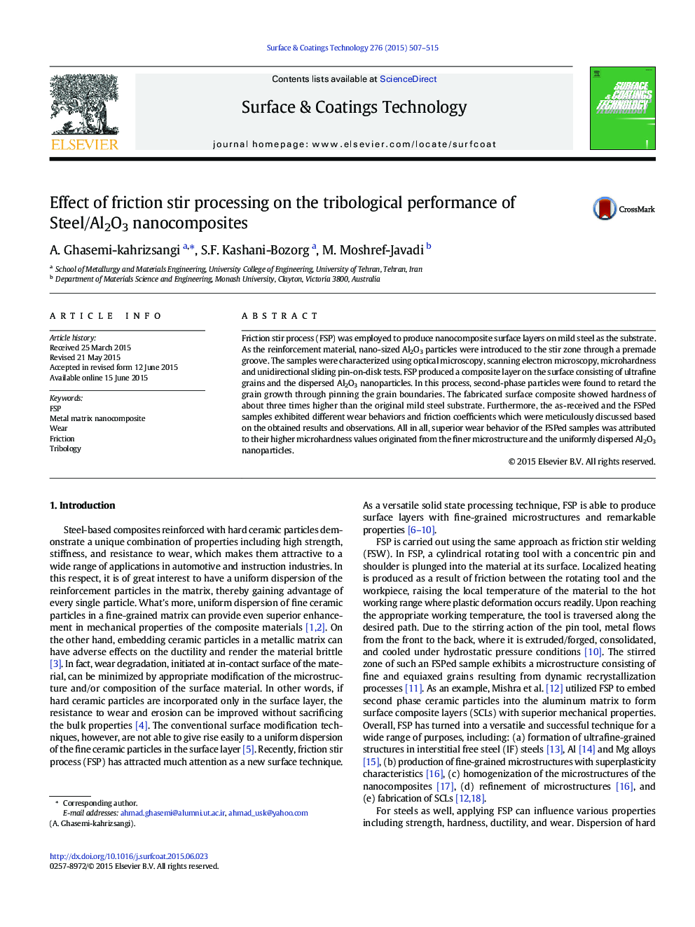 Effect of friction stir processing on the tribological performance of Steel/Al2O3 nanocomposites