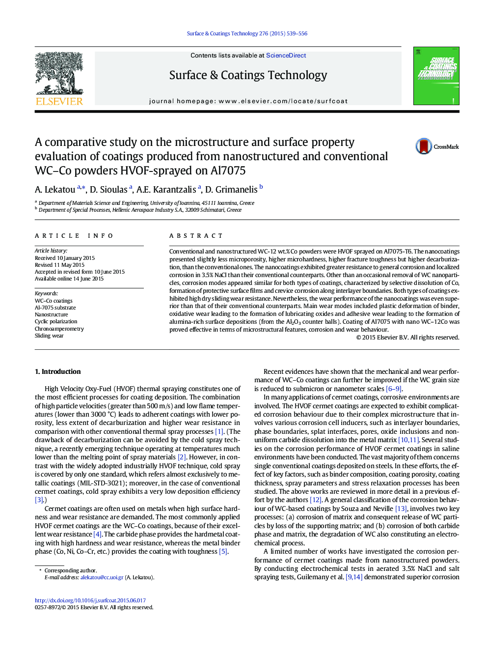 A comparative study on the microstructure and surface property evaluation of coatings produced from nanostructured and conventional WC–Co powders HVOF-sprayed on Al7075