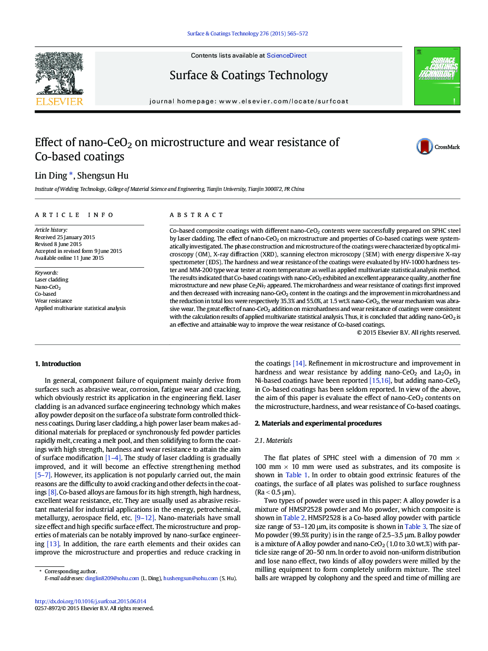 Effect of nano-CeO2 on microstructure and wear resistance of Co-based coatings