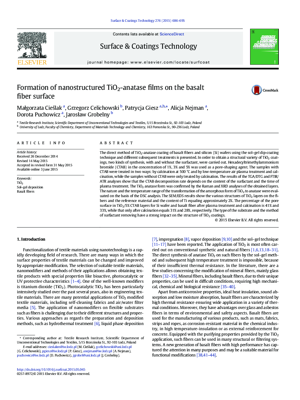 Formation of nanostructured TiO2-anatase films on the basalt fiber surface