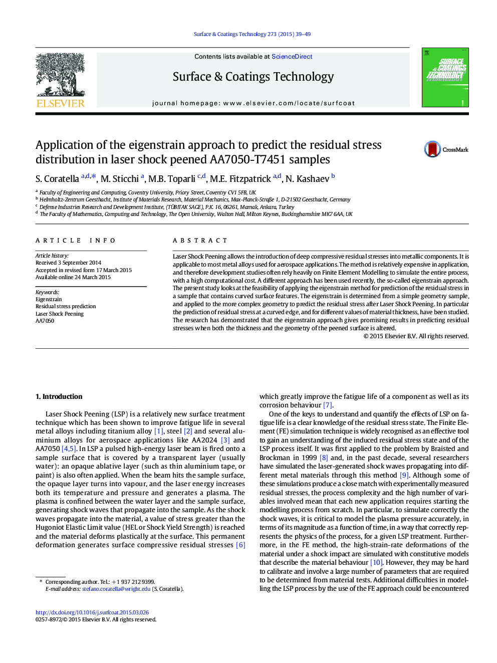 Application of the eigenstrain approach to predict the residual stress distribution in laser shock peened AA7050-T7451 samples