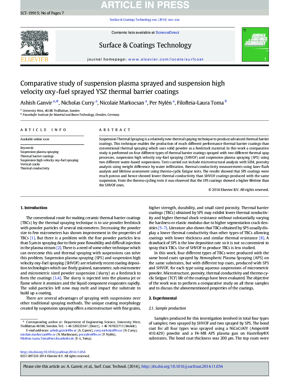 Comparative study of suspension plasma sprayed and suspension high velocity oxyÂ -fuel sprayed YSZ thermal barrier coatings