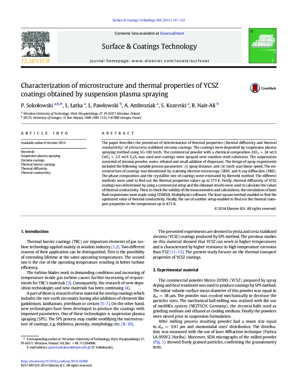 Characterization of microstructure and thermal properties of YCSZ coatings obtained by suspension plasma spraying