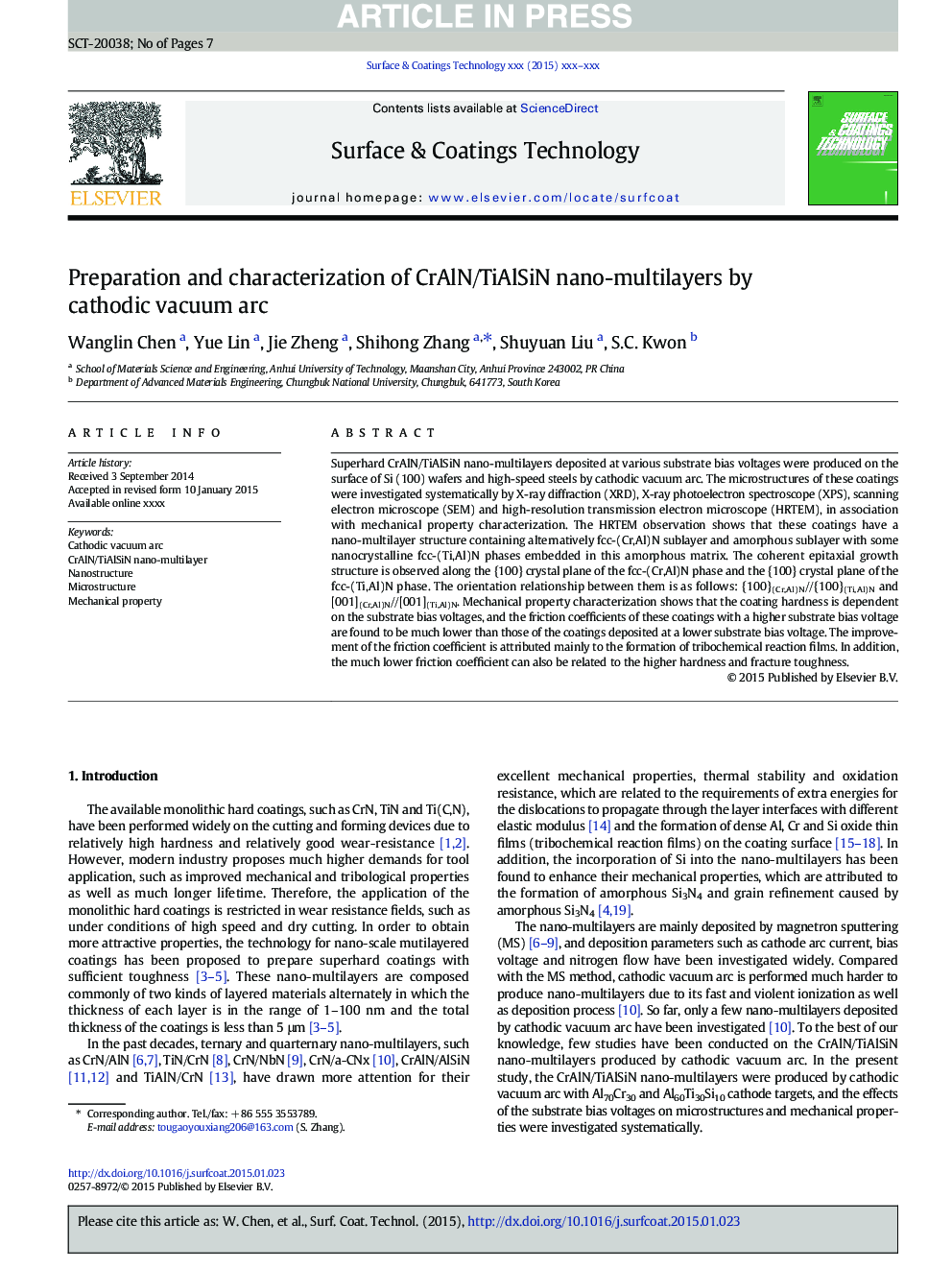 Preparation and characterization of CrAlN/TiAlSiN nano-multilayers by cathodic vacuum arc