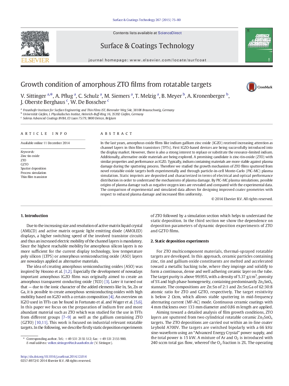 Growth condition of amorphous ZTO films from rotatable targets