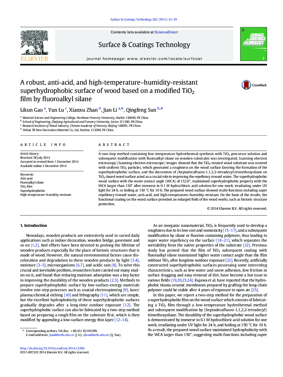 A robust, anti-acid, and high-temperature–humidity-resistant superhydrophobic surface of wood based on a modified TiO2 film by fluoroalkyl silane