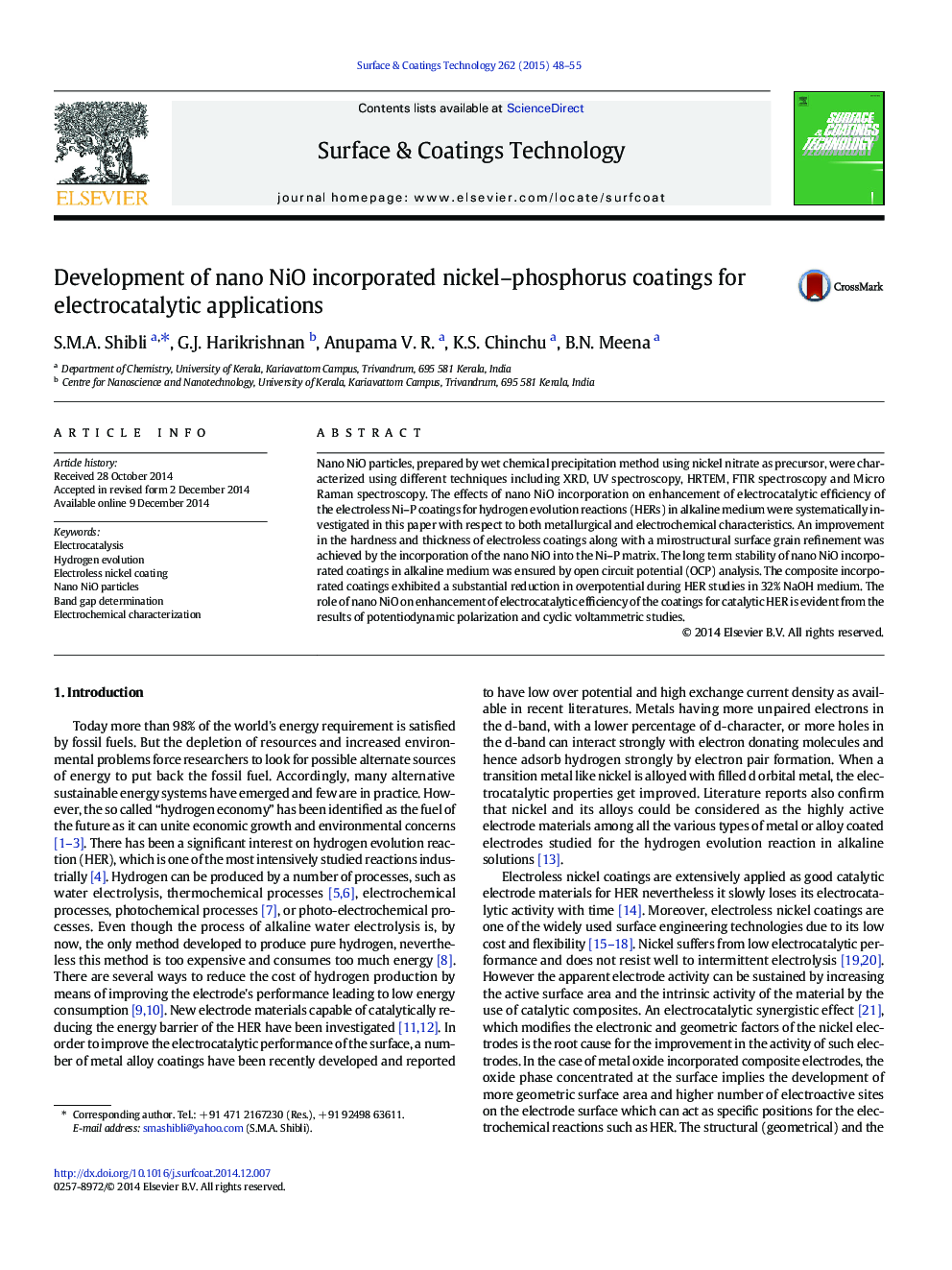 Development of nano NiO incorporated nickel–phosphorus coatings for electrocatalytic applications