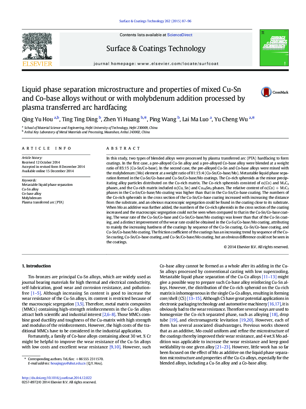 Liquid phase separation microstructure and properties of mixed Cu-Sn and Co-base alloys without or with molybdenum addition processed by plasma transferred arc hardfacing