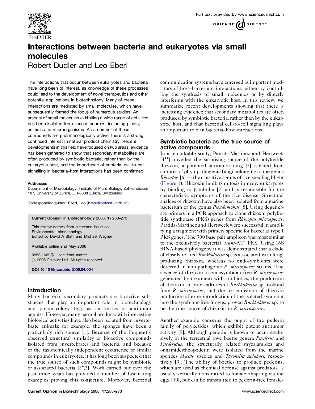 Interactions between bacteria and eukaryotes via small molecules