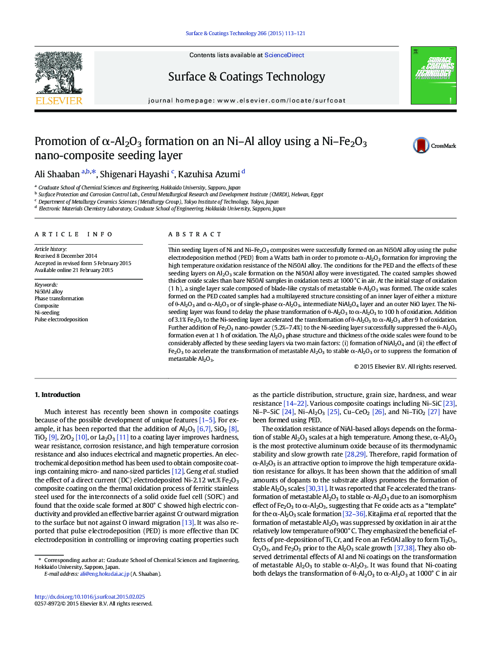 Promotion of Î±-Al2O3 formation on an Ni-Al alloy using a Ni-Fe2O3 nano-composite seeding layer