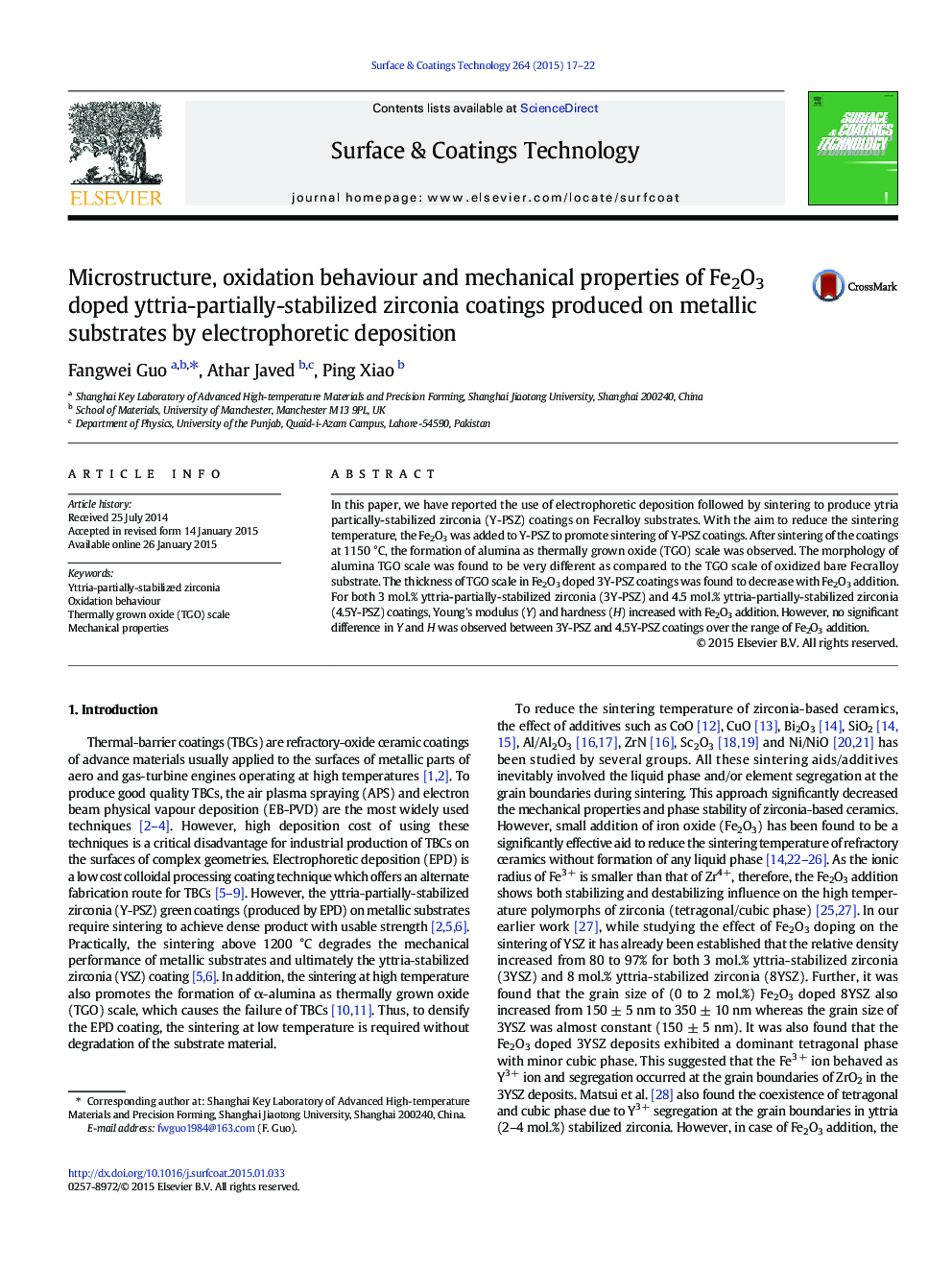 Microstructure, oxidation behaviour and mechanical properties of Fe2O3 doped yttria-partially-stabilized zirconia coatings produced on metallic substrates by electrophoretic deposition