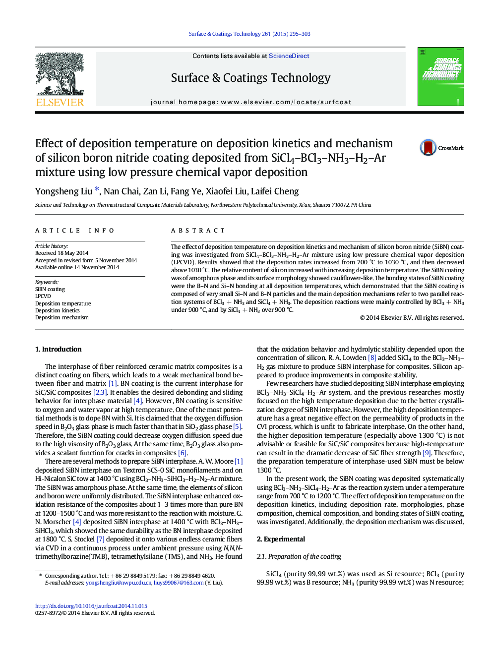 Effect of deposition temperature on deposition kinetics and mechanism of silicon boron nitride coating deposited from SiCl4–BCl3–NH3–H2–Ar mixture using low pressure chemical vapor deposition