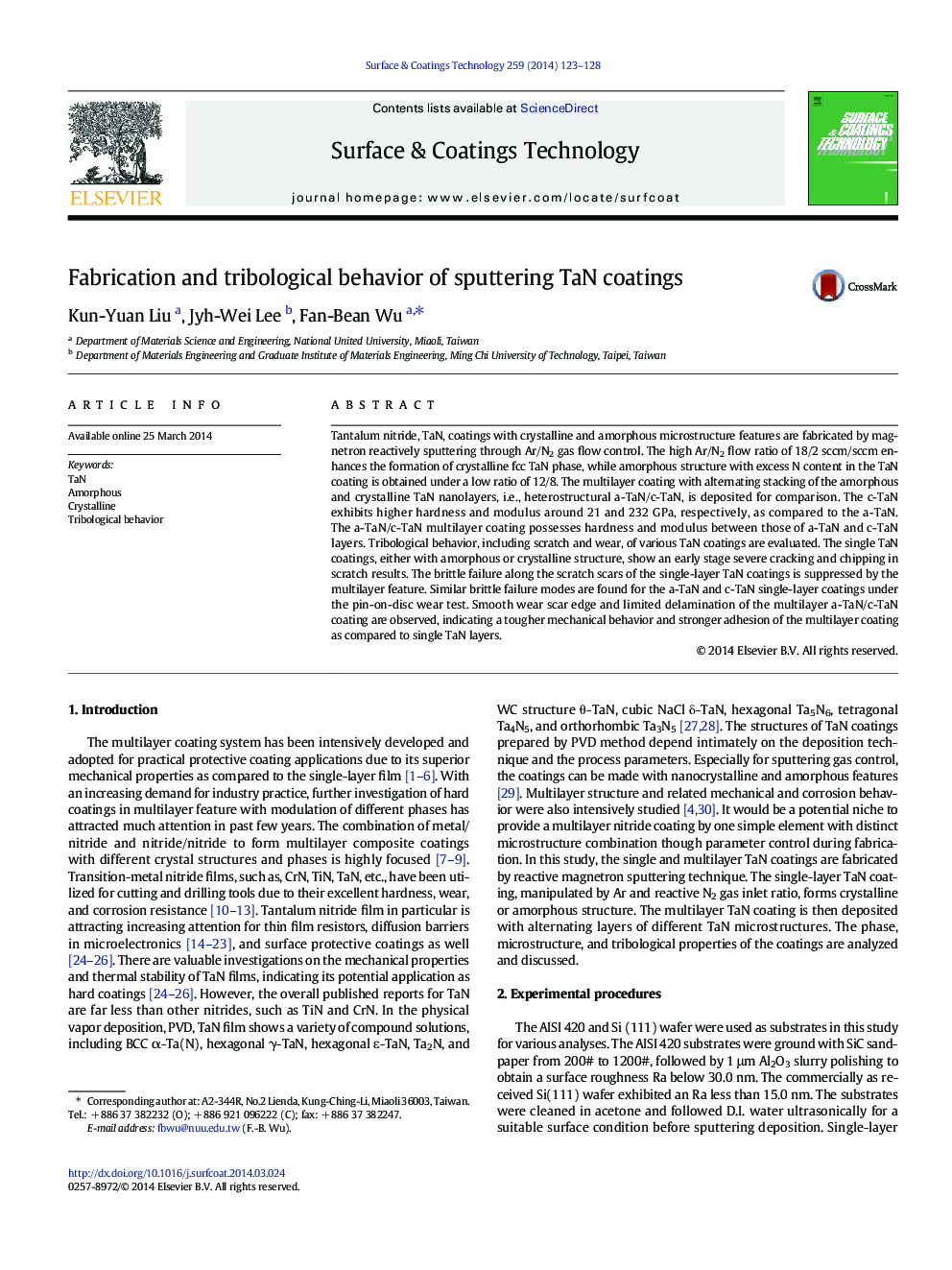 Fabrication and tribological behavior of sputtering TaN coatings